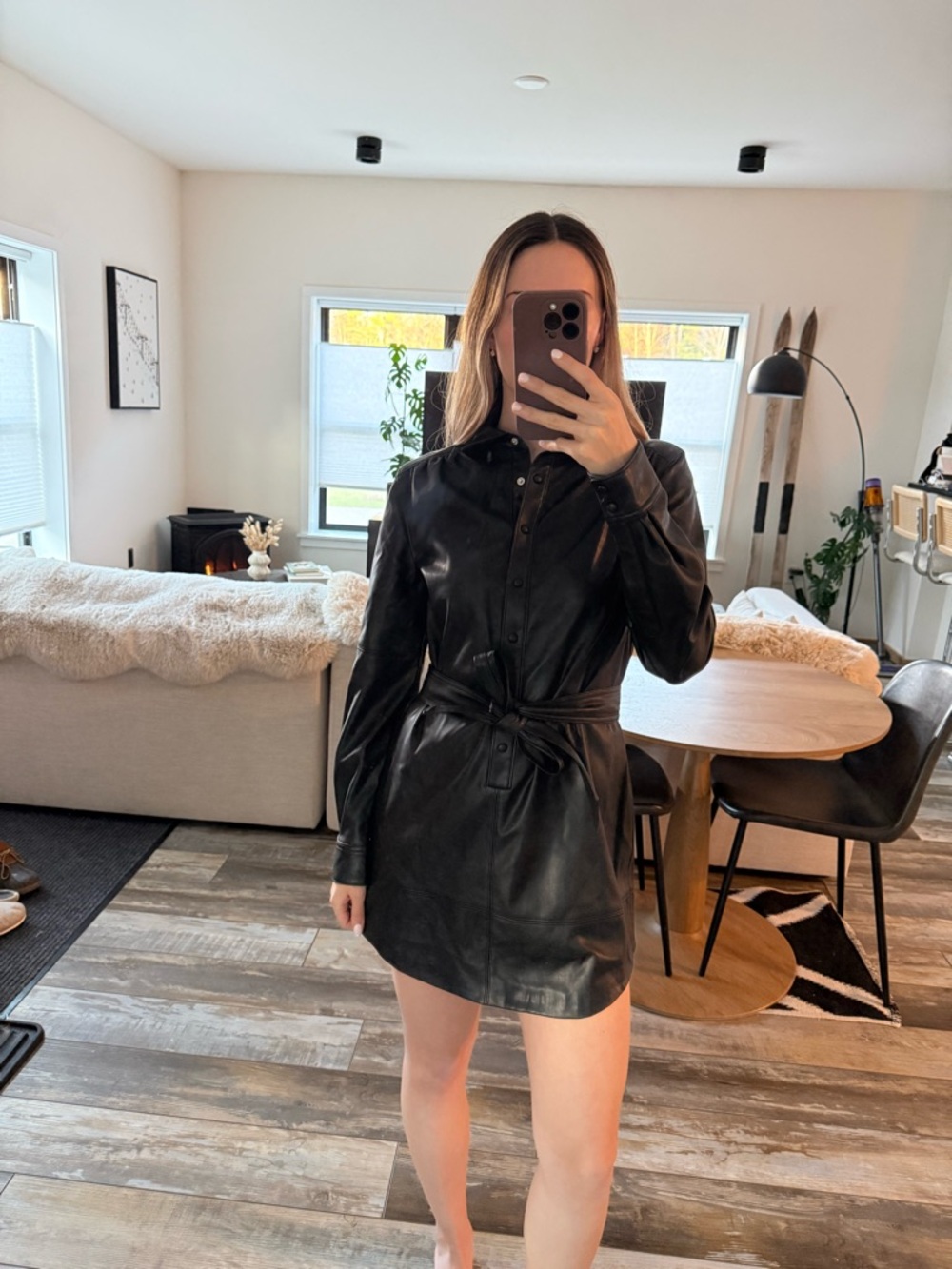 Joseph Ribkoff Black Faux Leather Long Sleeve Shirt Dress